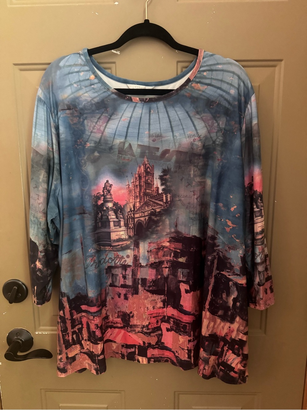 Women's Blue and Pink Scenic Print Tee